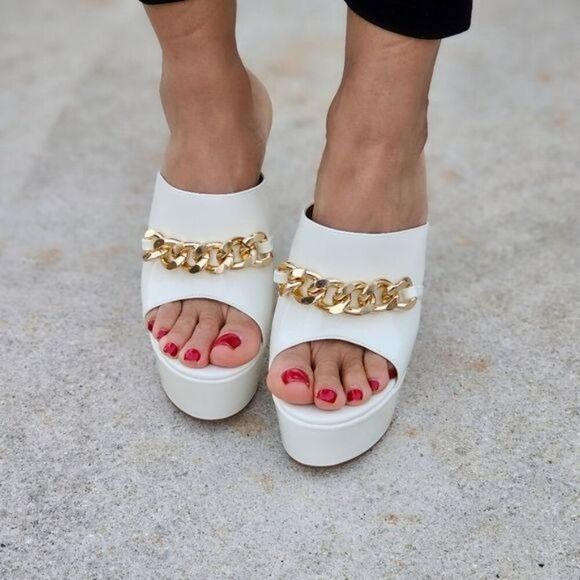 Women's Platform Heeled Mule Open Loafers White Color Patent - Picture 4 of 6